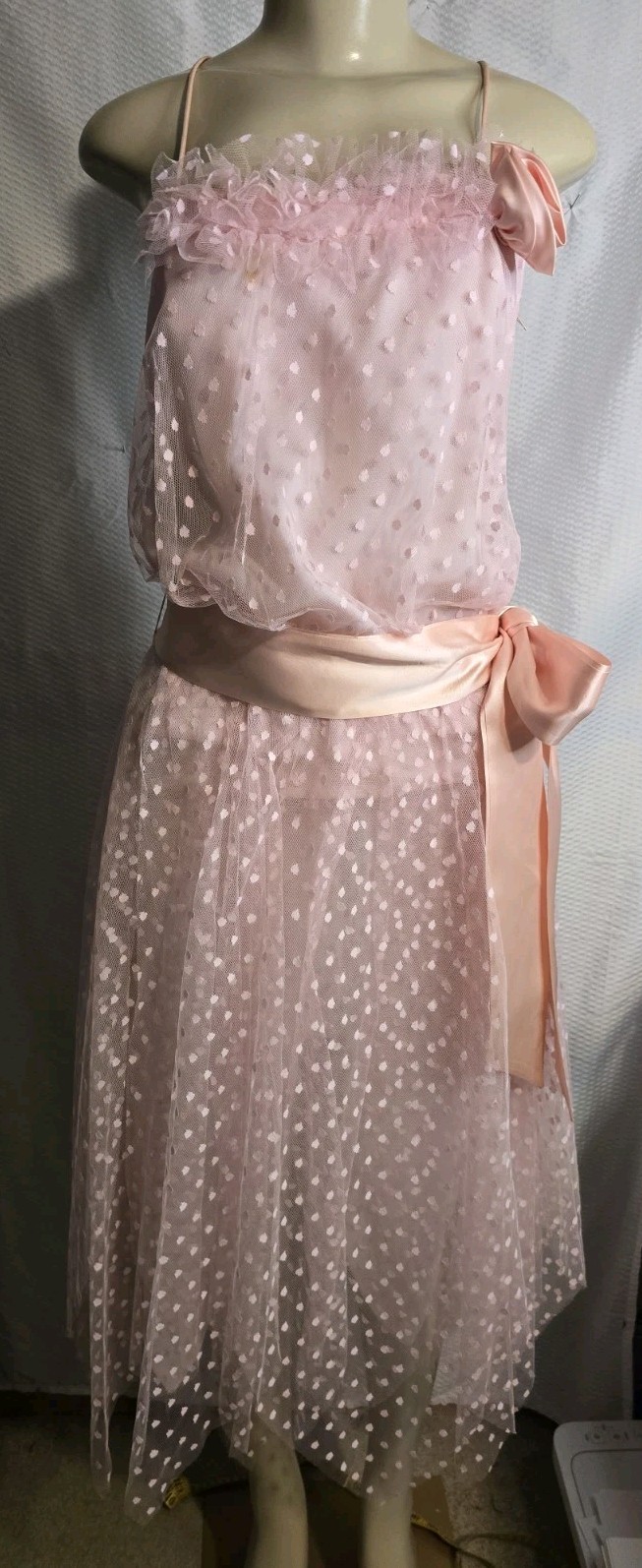Vtg 60s Prom Dress Womens Jrs 5/6 Pink tulle Mesh Swiss Polkadot Layered Satin