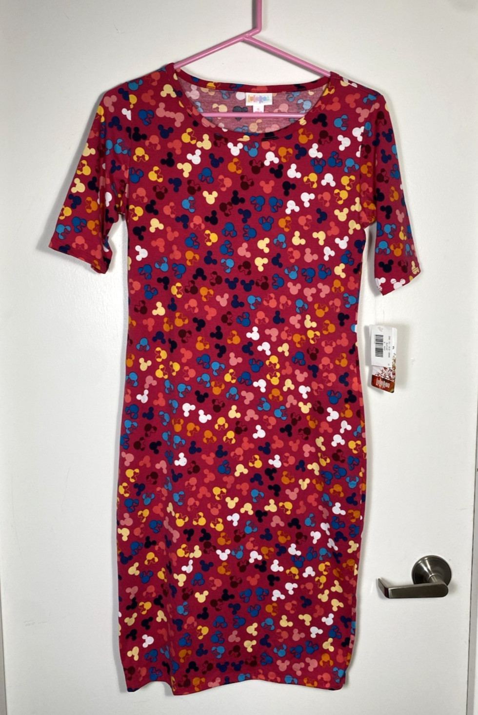 Disney LulaRoe Julia Dress Womens Small Pink Mickey Minnie Mouse Stretch Midi