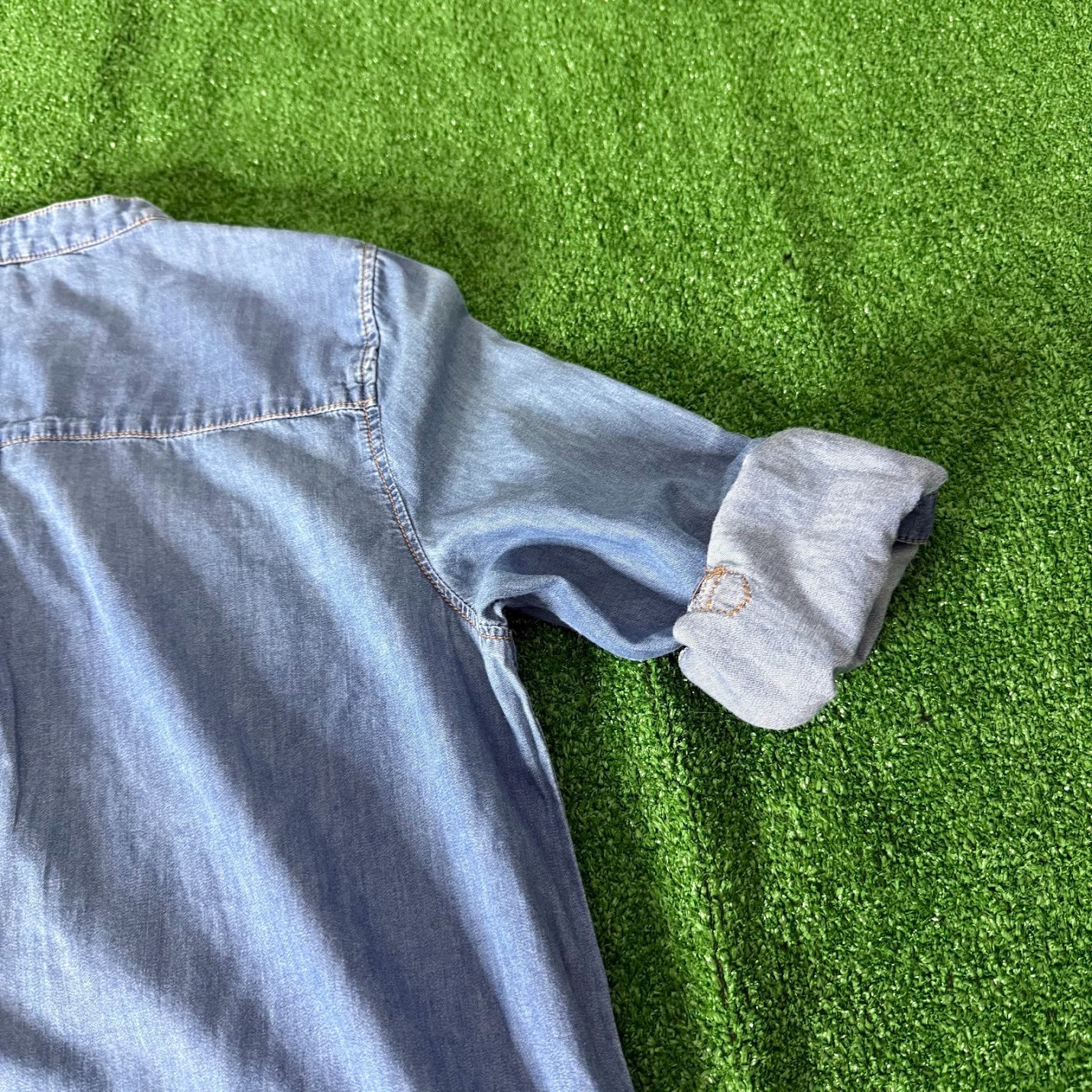 Osborne Chambray Shirt Dress Roll-Tab Sleeve Contrast Cuffs Band Collar Size L