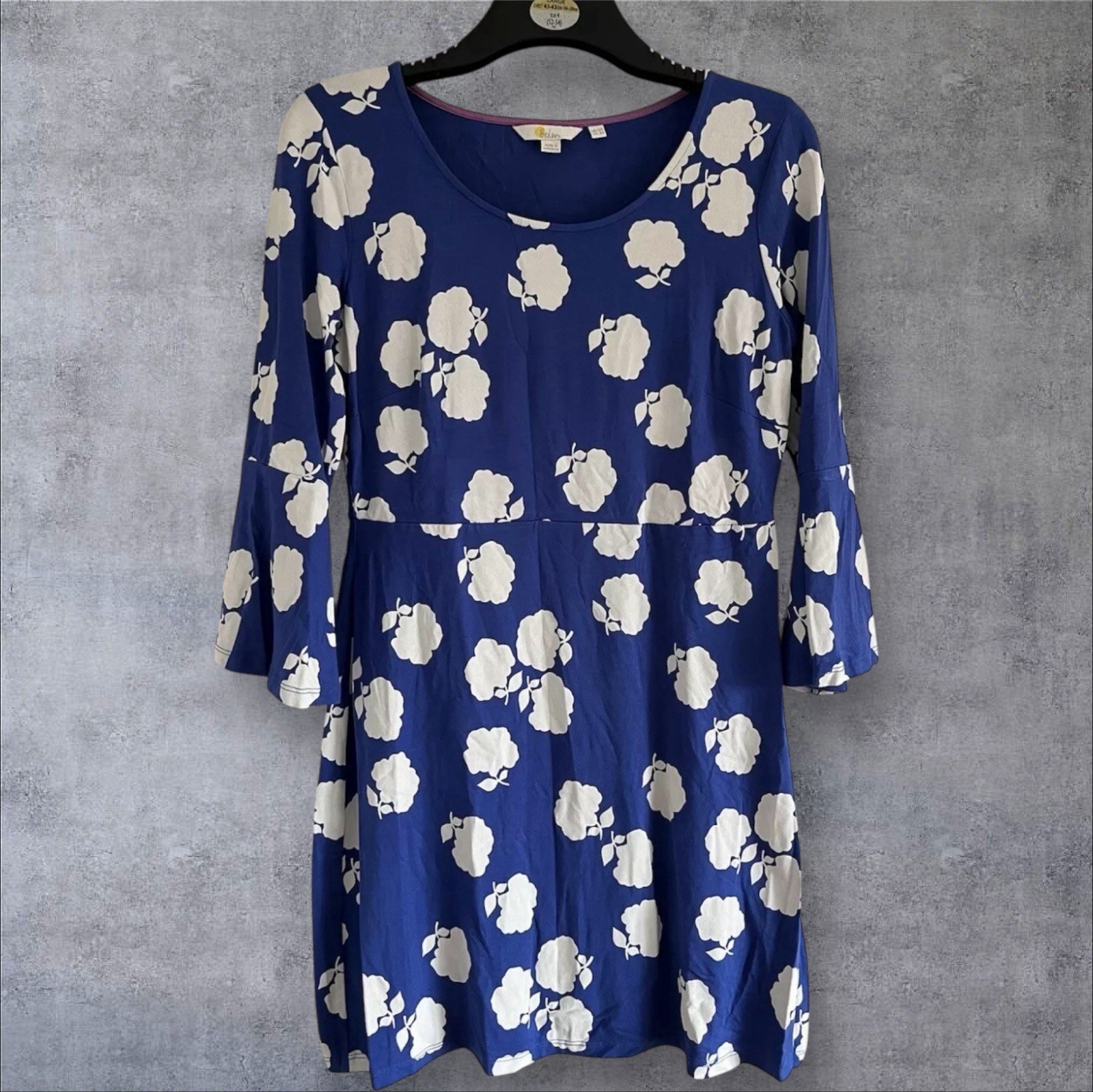 BODEN Miriam Stretch Tunic Dress Blue White Bold Floral Bell Sleeve Size 12 C1