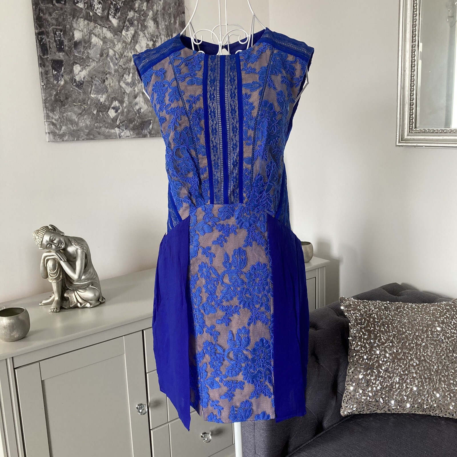 Three Floor Royal Blue Nude Lace Mesh Cut Out Structured Mini Dress 10 RRP £225