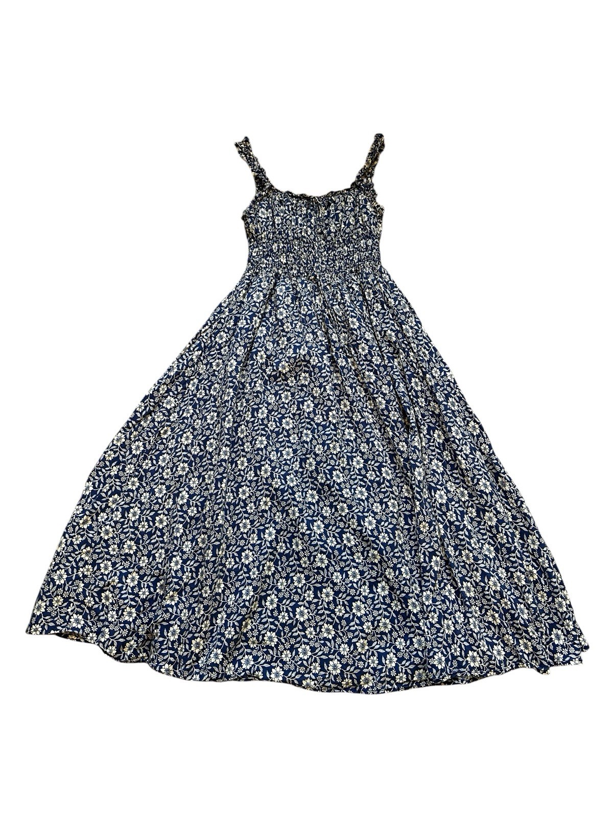 Blue Smocked Midi Dress Coastal Cowgirl Milkmaid Cottage Boho Summer Size Small