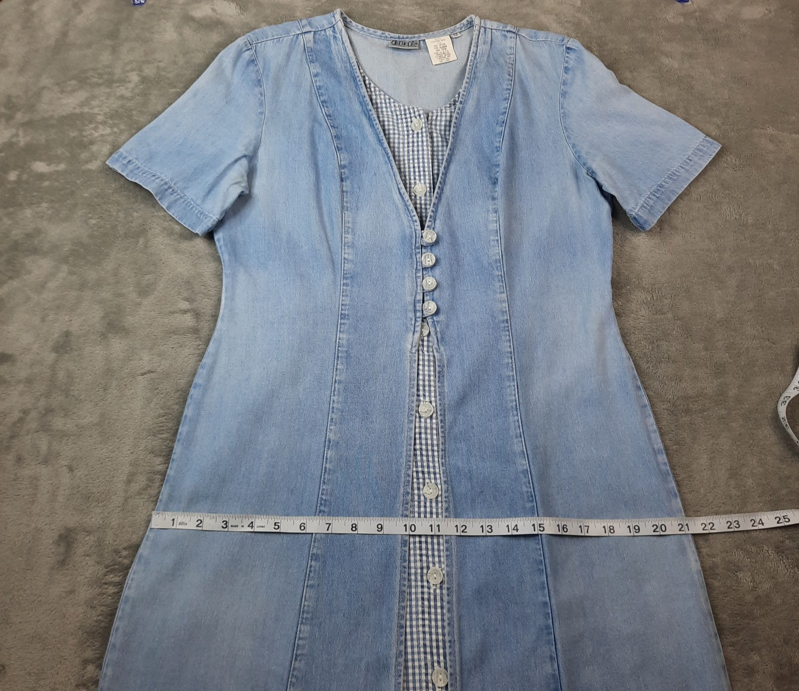 VTG 90s Button Front Denim Gingham Dress Womens 12 Cottagecore Prairie Western