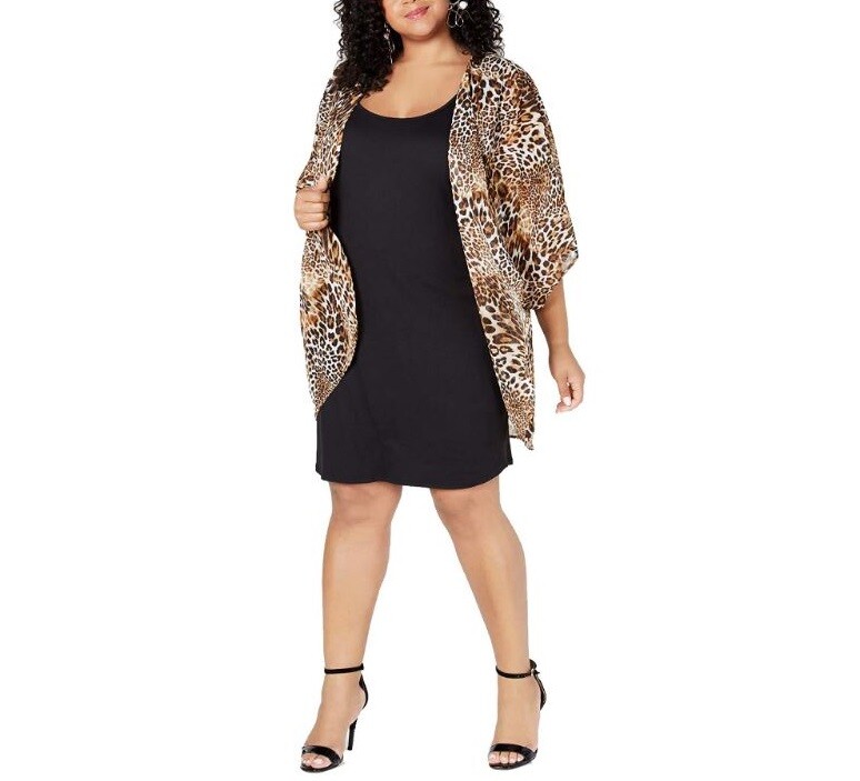 Love Squared Womens Plus 1X Brown Black Animal Print 2 Piece Overlay Dress NWT