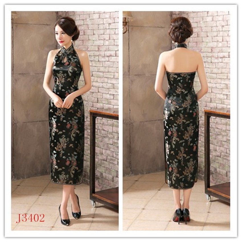 Sexy Women’s Silk Satin Long Dress Cheongsam Qipao SZ S Evening dress Black