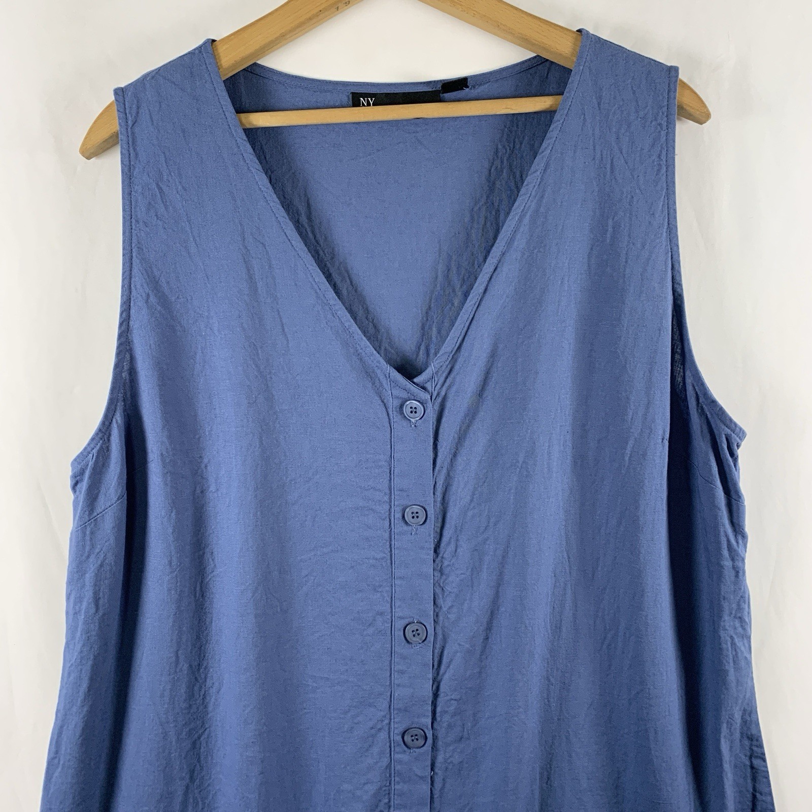 Womens Linen Blend Button Front Shift Dress XL Blue Coastal Minimalist Pockets