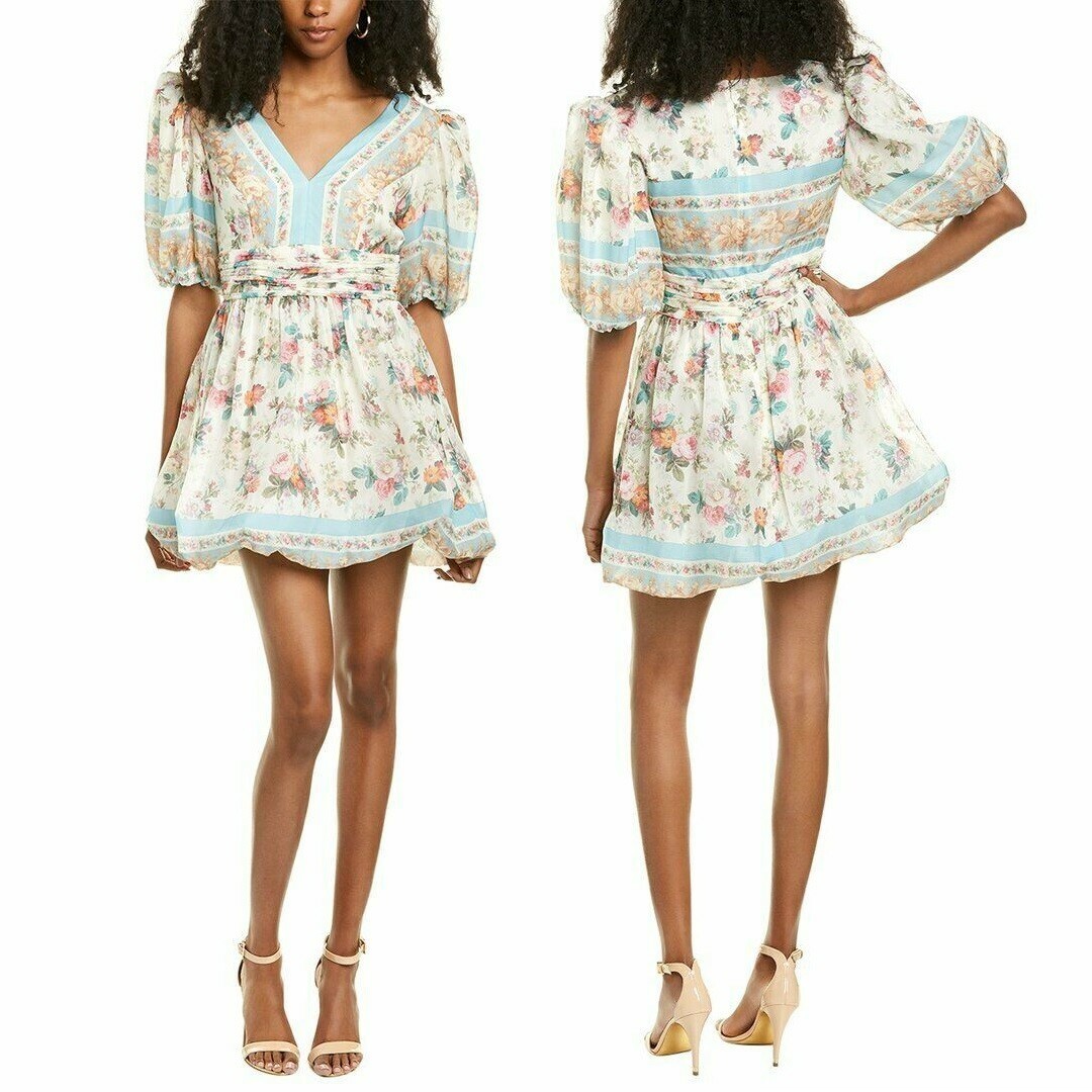 AMUR ‘Elise’ Floral Parisian Puff Sleeve V-Neck Bubble Silk Mini Dress, 2
