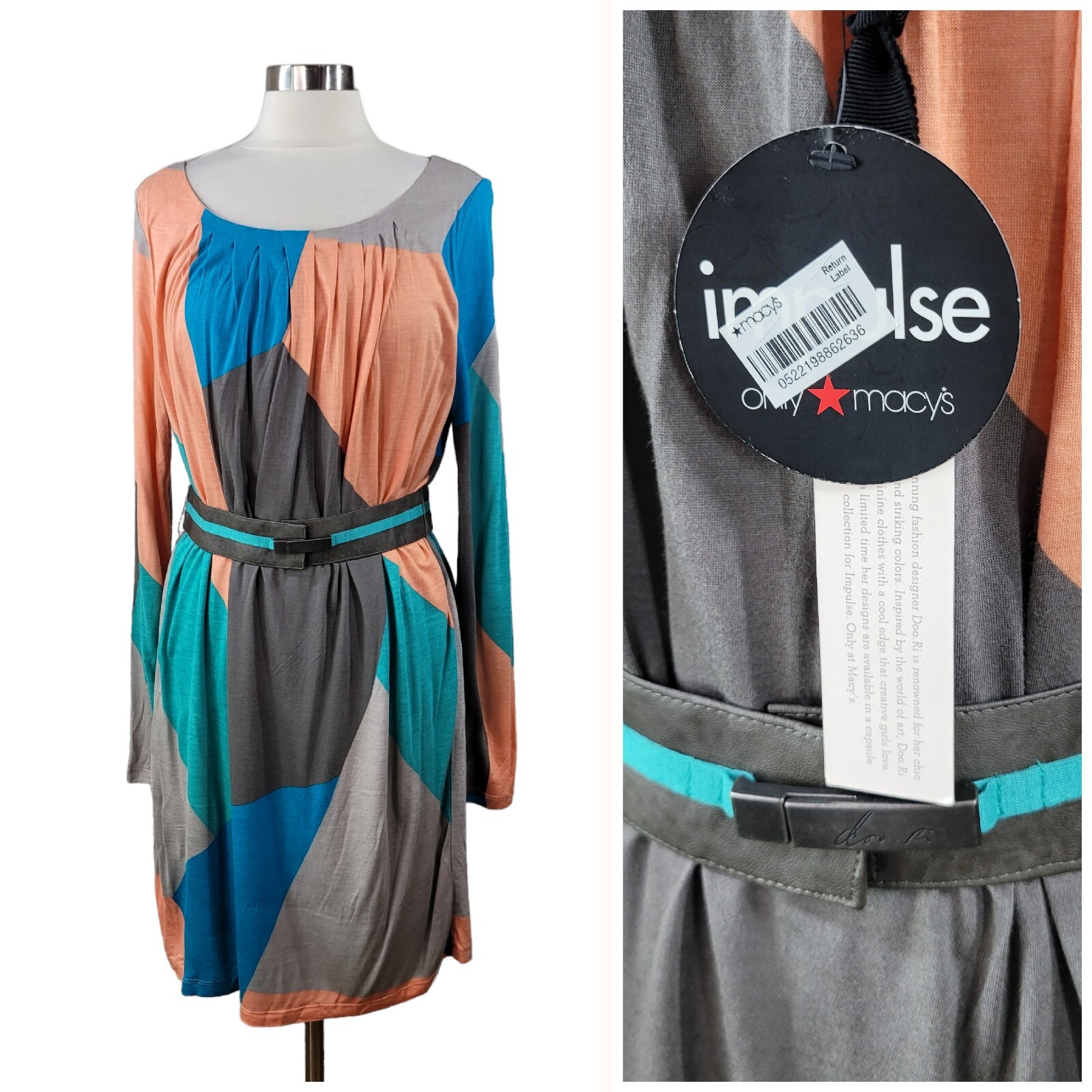 New Impulse Shirt Dress size 10 Stretch Sheath Colorblock Belted Pink Gray Blue
