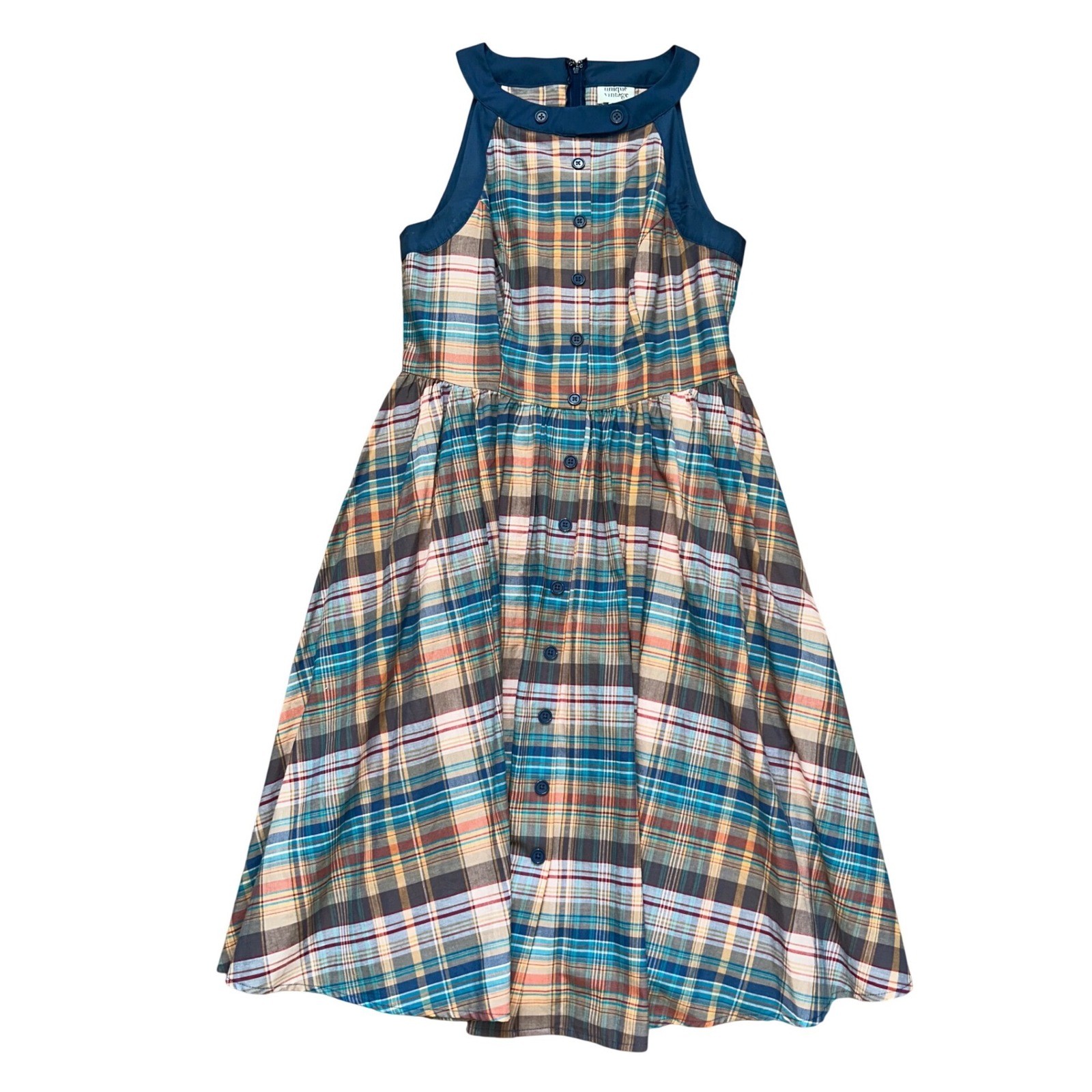 Unique Vintage Plaid Halter Fit and Flare Midi Dress Blue small swing
