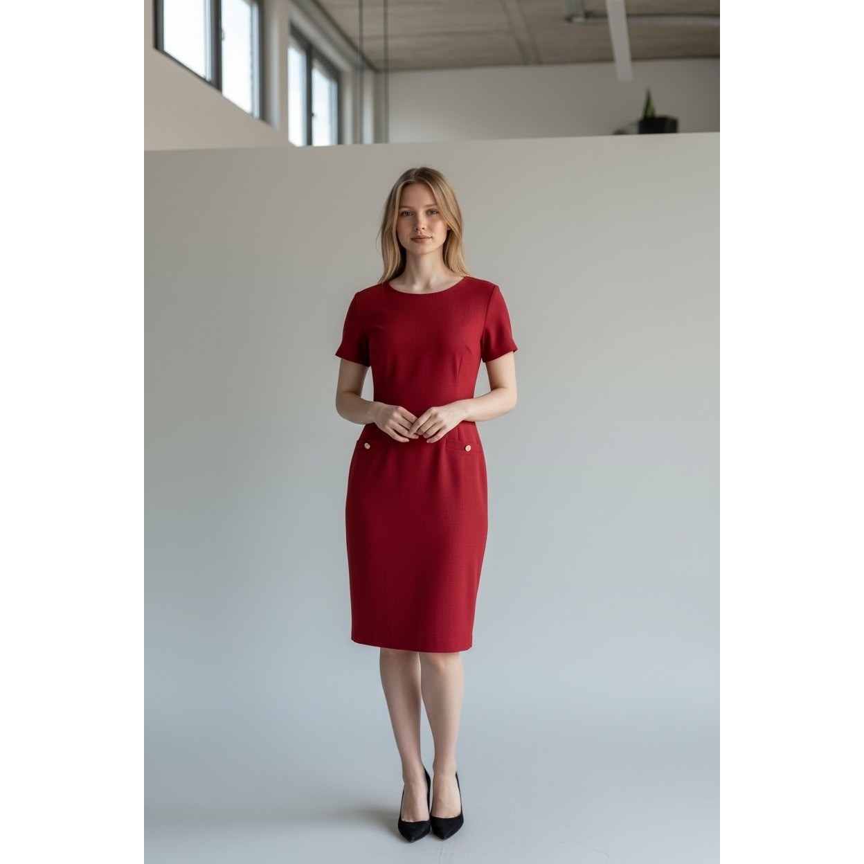 Office Siren Red Career Shift Dress Office Conference Pencil gold Buttons Sz 14