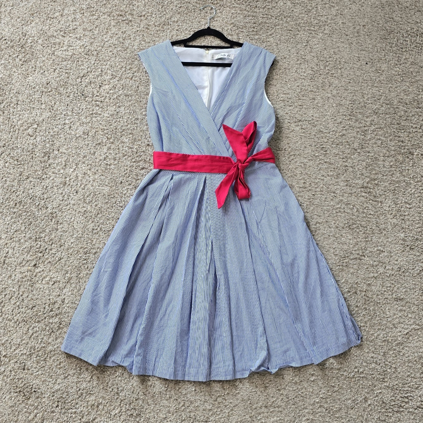 ChettaB Women’s Blue/White Striped Sleeveless Cotton V-Neck Fit & Flare Dress 12