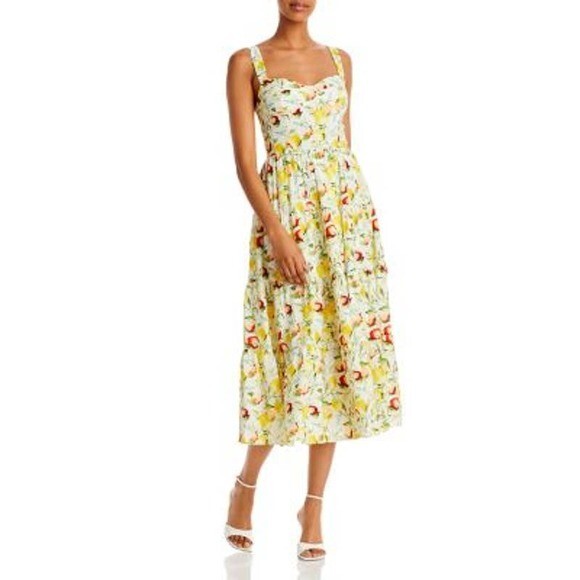 AQUA Ladies White, Yellow, & Green Fruit Print Midi Dress, Sleeveless, Size S!