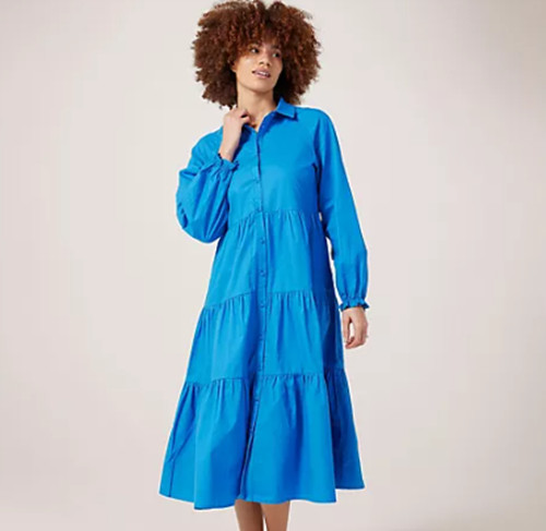 Izabel London Shirt Dress Long Sleeve Tiered Dress Colbalt Blue New Size 12