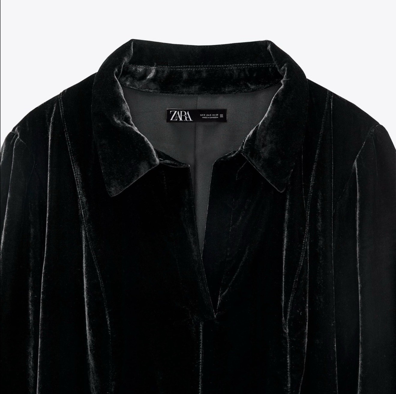 Zara Black Velvet Collared V-Neck Button Cuffed Long Sleeve Mini Dress