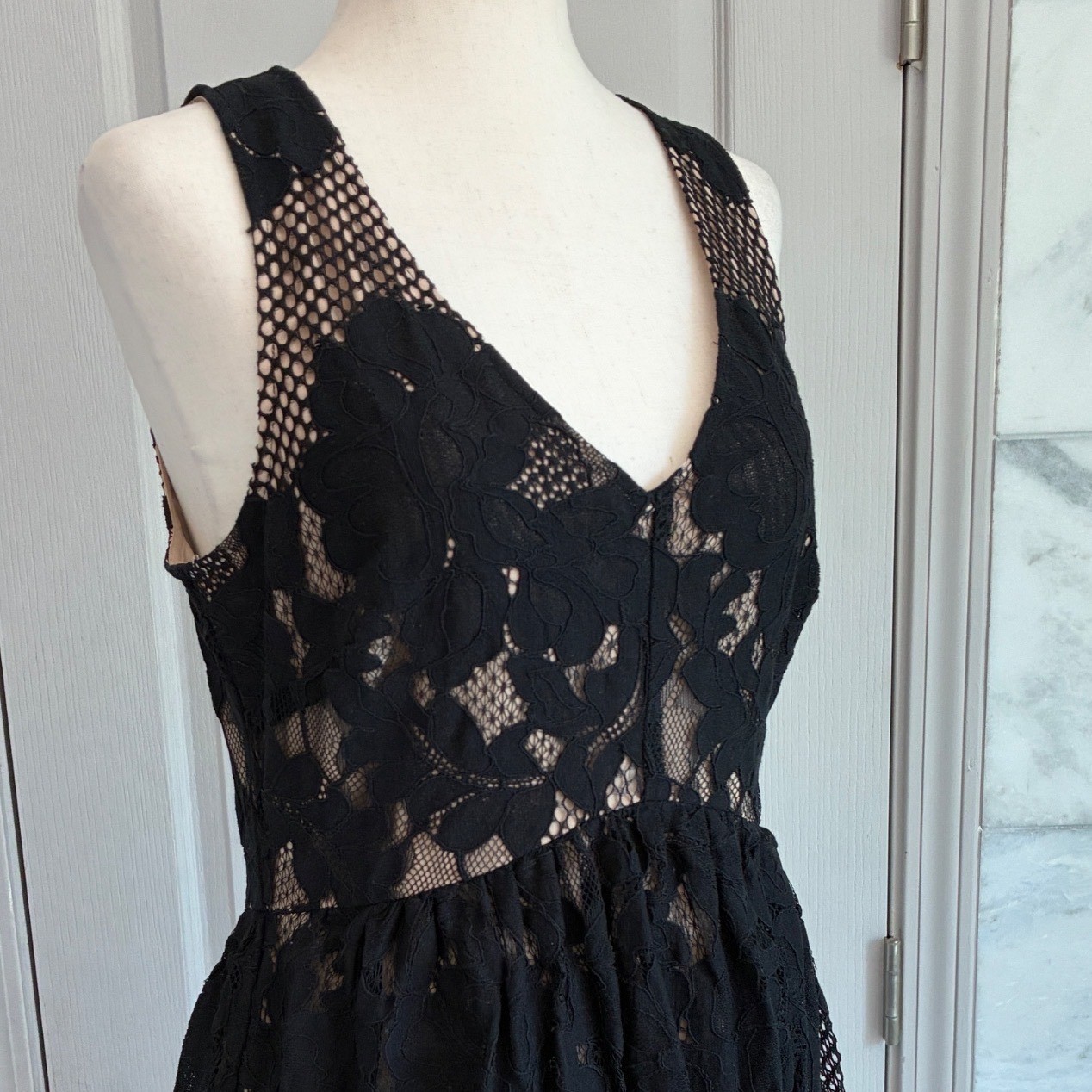 Ali & Jay Black Floral Lace Mesh V-Neck Fit & Flare Mini Dress Nude Lining M