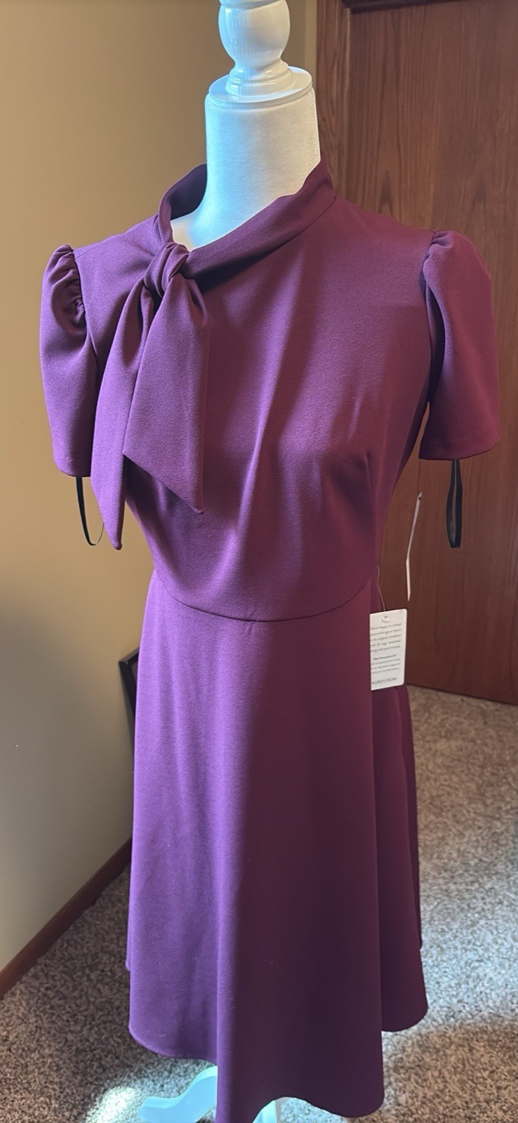 Maggy London Wine Tie Neck Fit Flare Dress Womens Size 8P Petite Burgundy Midi