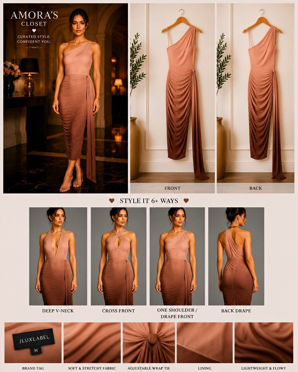 JLux Label Ombre One Shoulder Ruched Multiwear Bodycon Midi Dress Size M