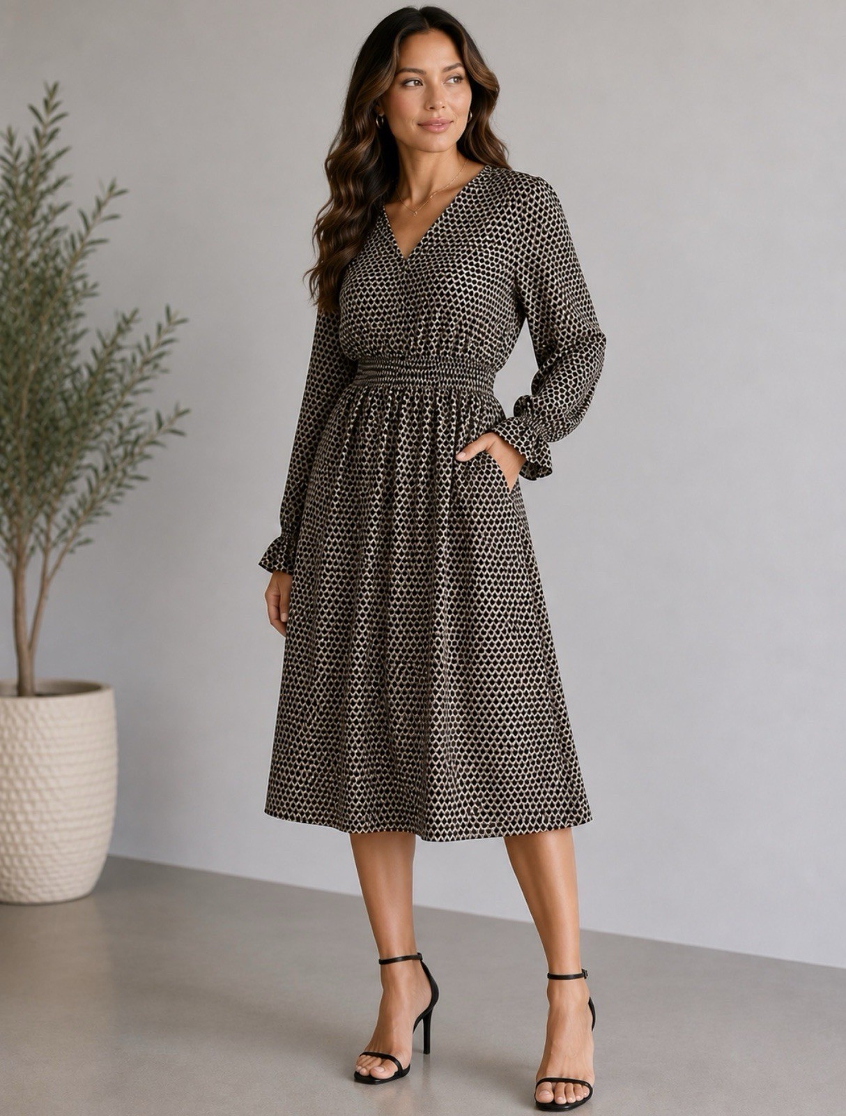 Adrianna Papell Black And Brown Maxi Dress Long Sleeve Sz S