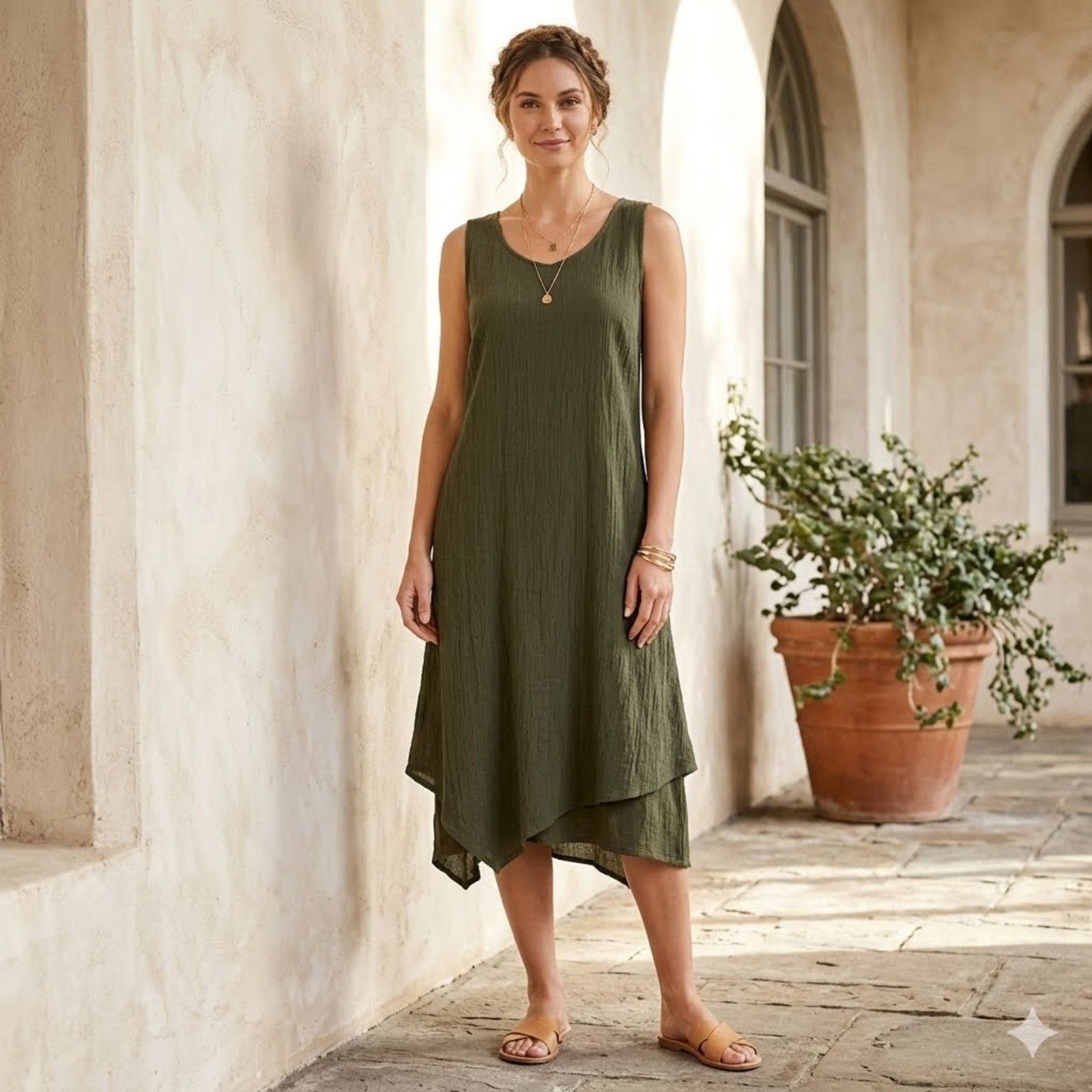 J Jill Midi Dress Womens XS Green Sleeveless Lined Lagenlook Lyocell Blend
