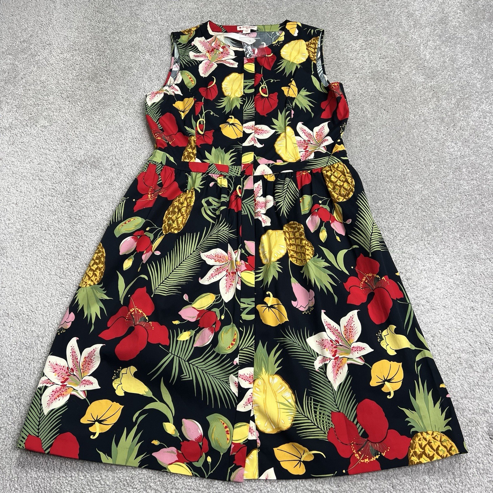 Brooks Brothers Dress 12 Pineapple Floral Button Up Black Red Yellow Green NWT
