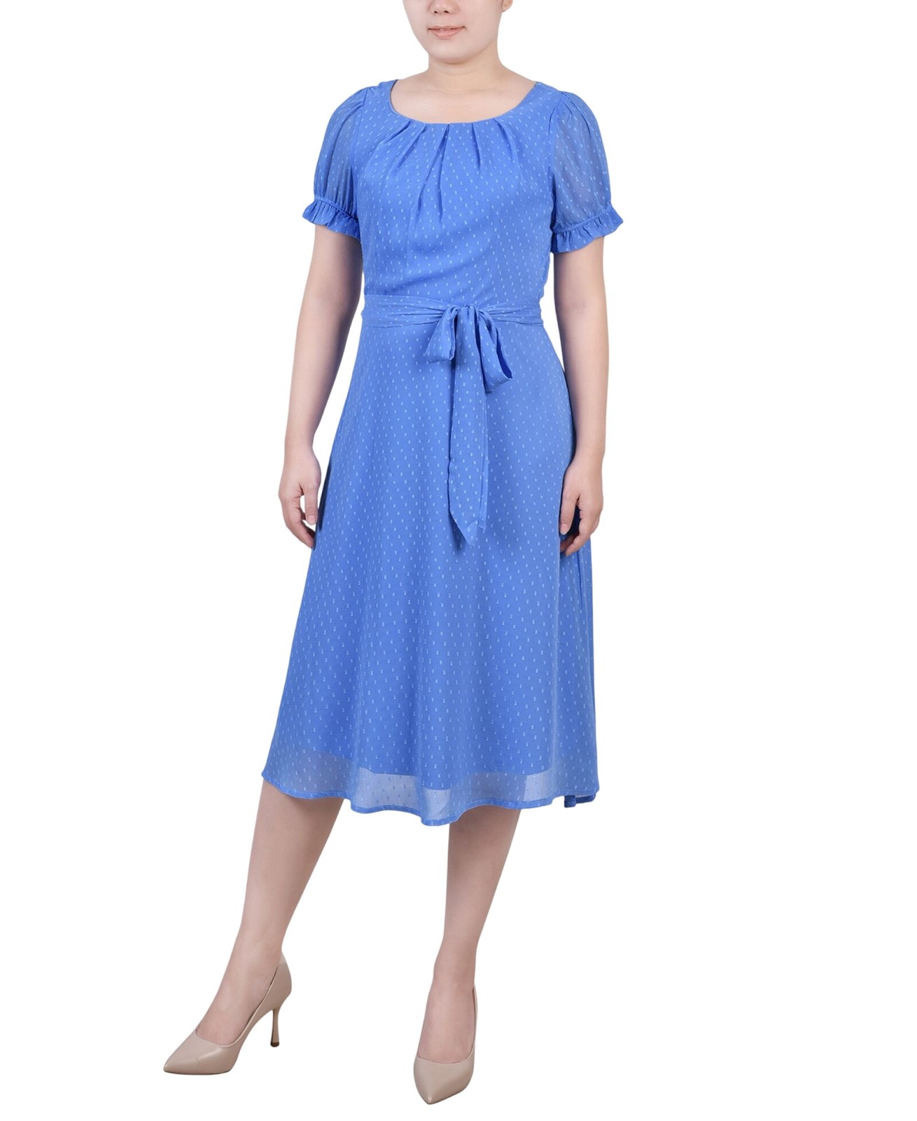 Ny Collection Womens Petite Short Sleeve Belted Swiss Dot Dress Sky Blue PL