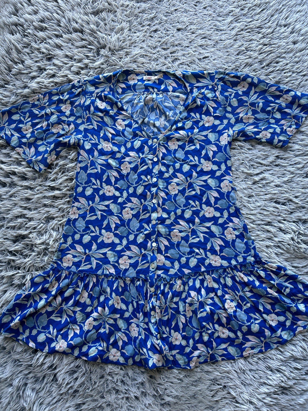 Faherty Dress Womens Small Blue Orinda Floral Crepe Boho Cottagecore Ruffle Hem