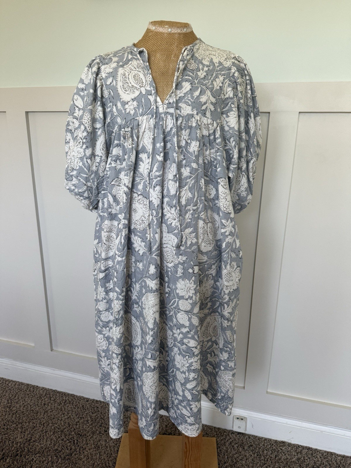 Sun Dried Laundry Midi Dress SM Blue 100% Cotton Floral Puff Sleeve Romantic