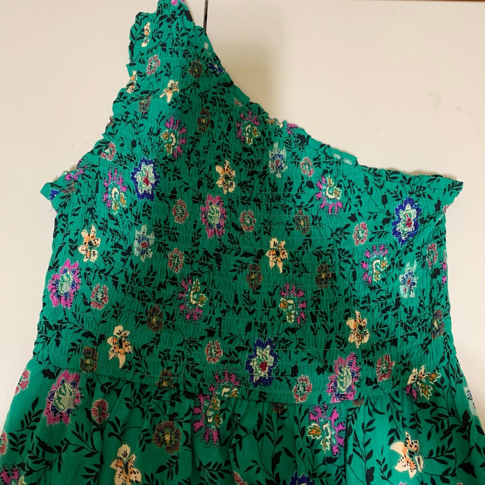 NWT Knox Rose One Shoulder Teal Floral Maxi Dress 100% Rayon SzL Romantic Boho