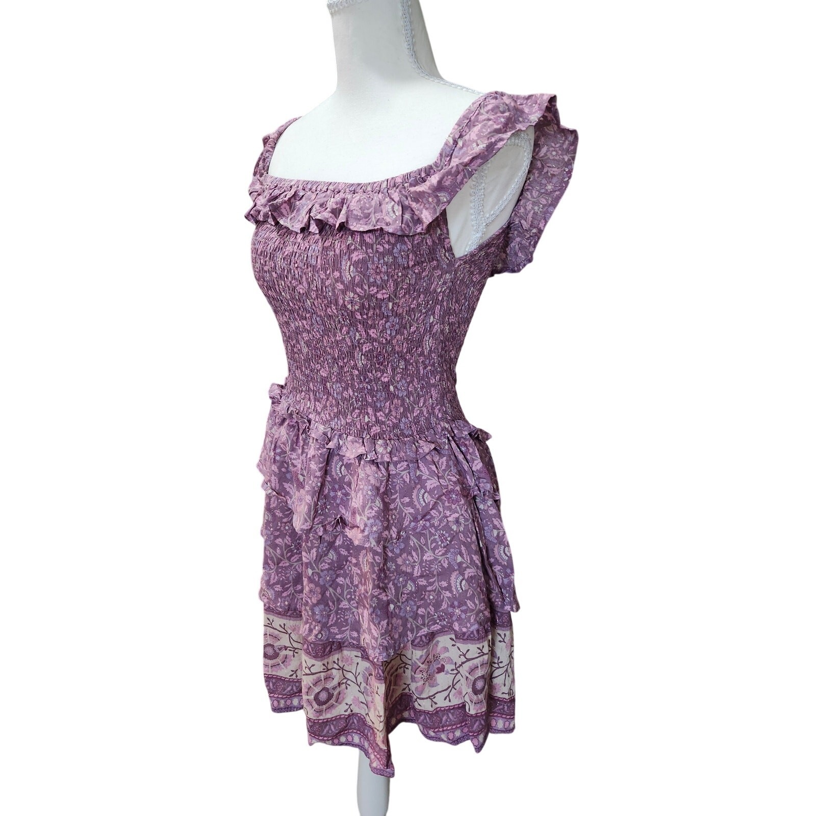 Spell & The Gypsy Dahlia Ra-Ra Mini Dress Mulberry Size Small Boho Floral Ruffle
