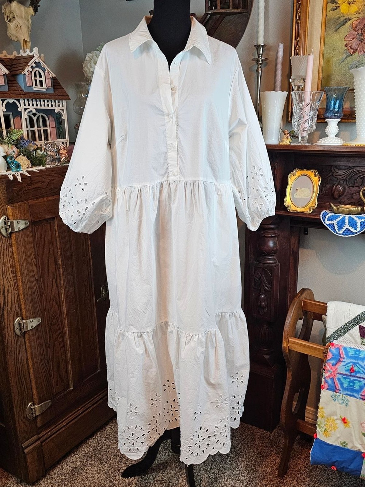 Maeve Bettina Tiered Shirt Dress Eyelet White Cotton Anthropologie 2X