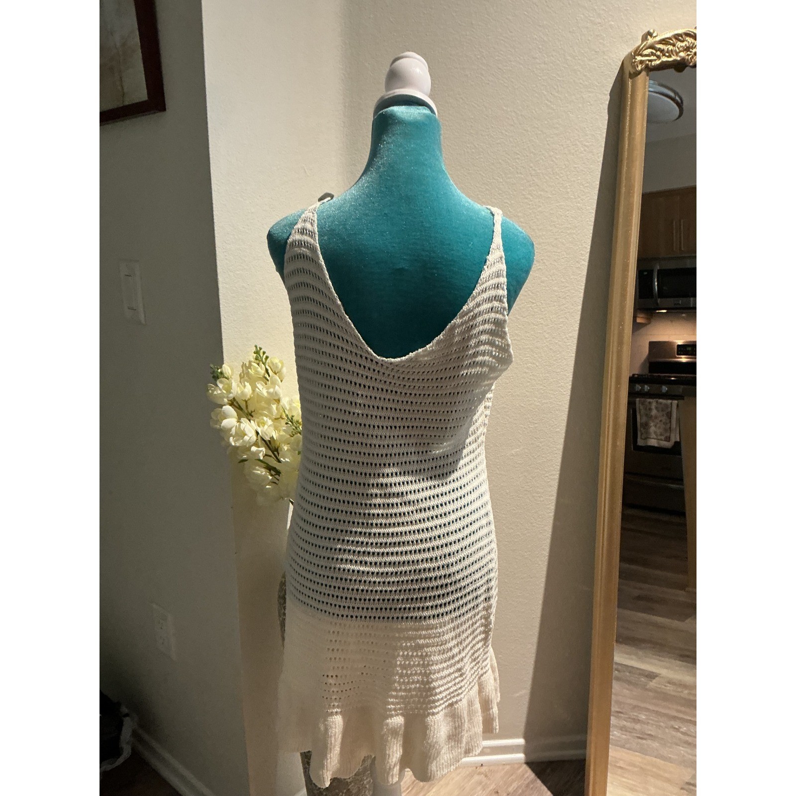 White Crochet Knit Mini Dress Sleeveless V-Neck Ruffle Hem Beach Cover Up Summer