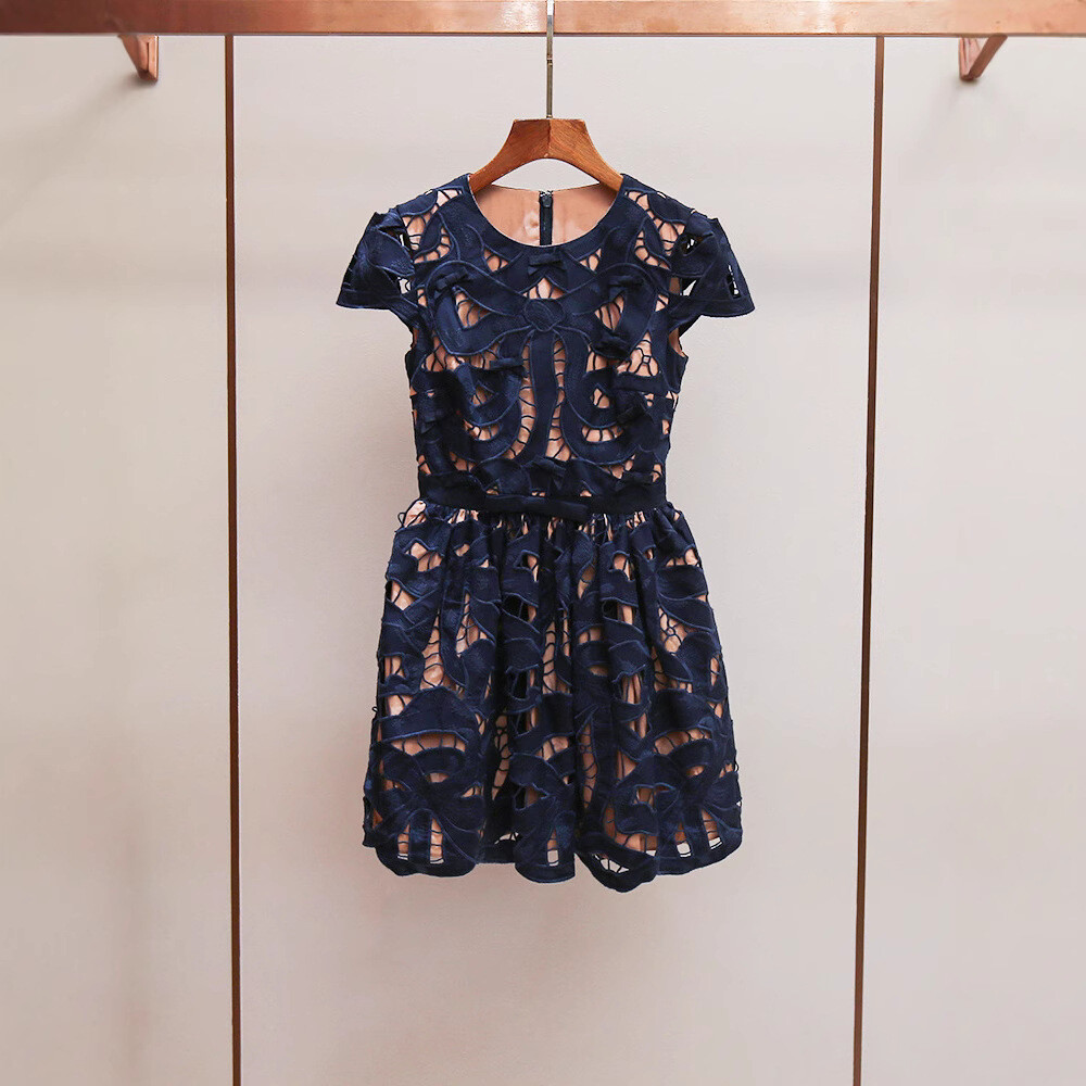 Self-Portrait Womens Summer New Hollowed Out Lace Round Neck Short Sleeve Dress