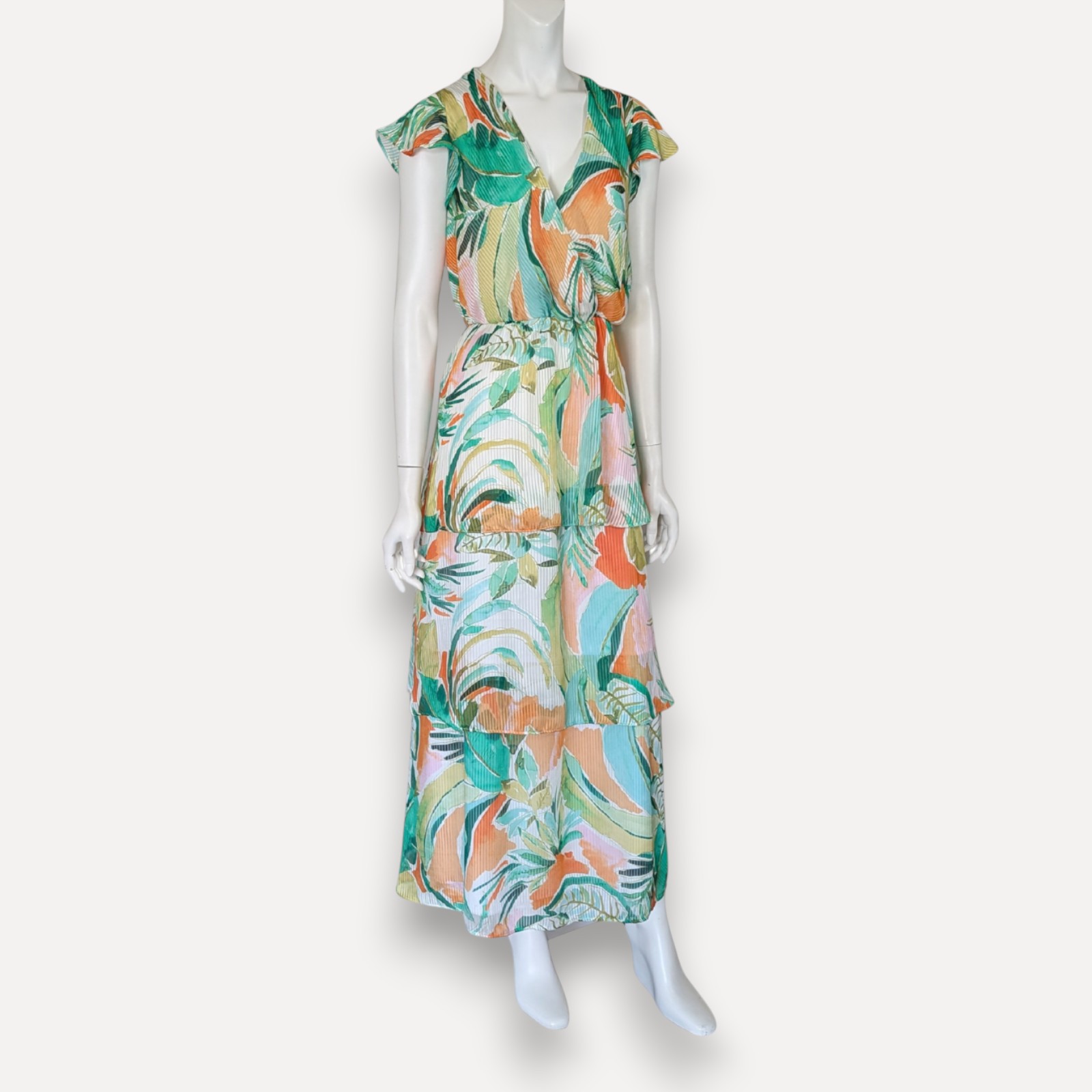 Julia Jordan NWT Tropical Floral Pleated Tiered Maxi Dress Green Size 10