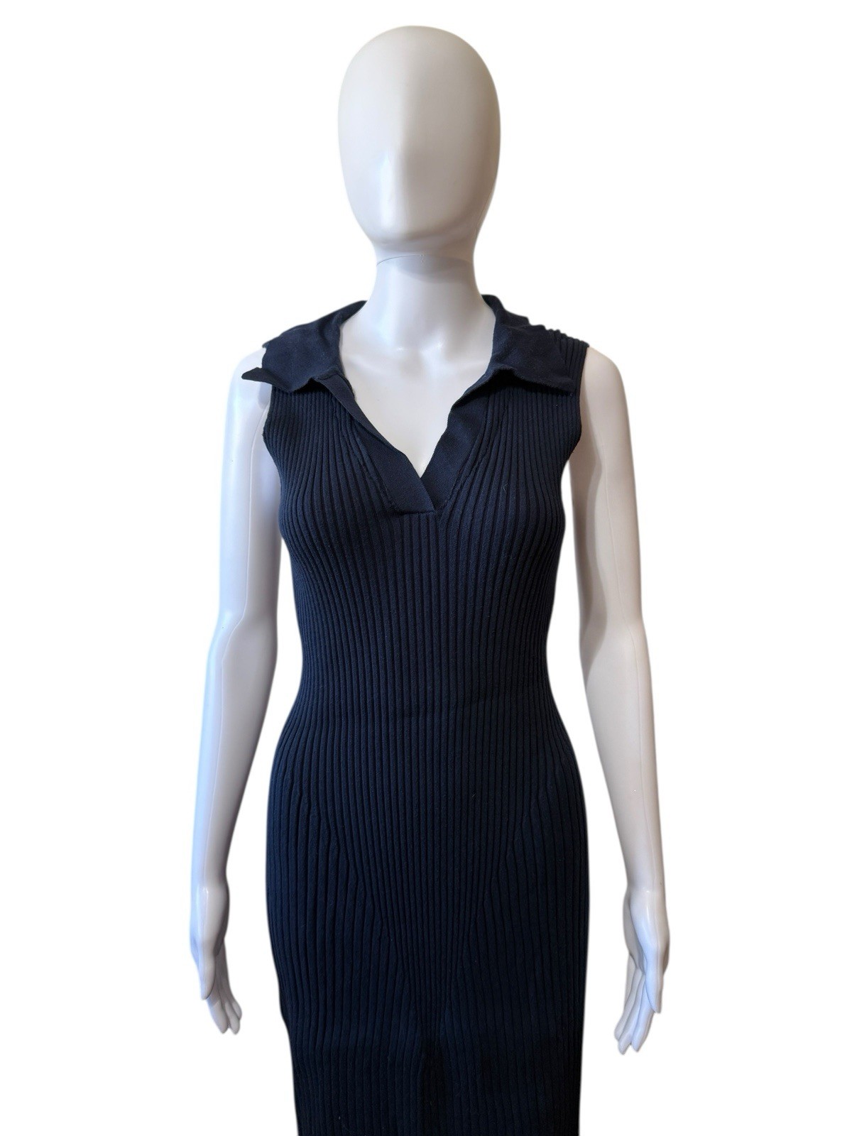 The Normal Brand Marin Collared Dress Navy Ribbed Sleeveless Maxi XS