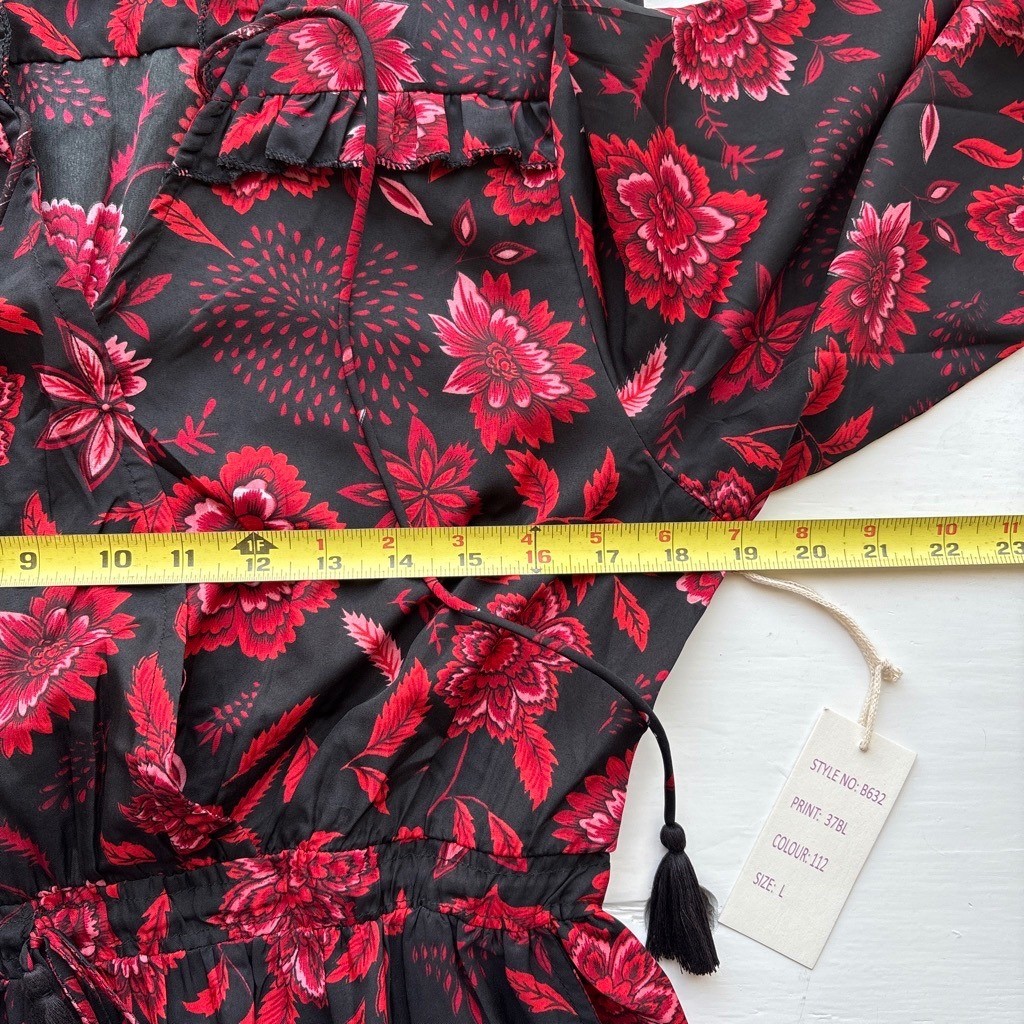 Boemo Floral Maxi Dress Womens L Red Black Long Sleeve Tiered Ruffle Boho