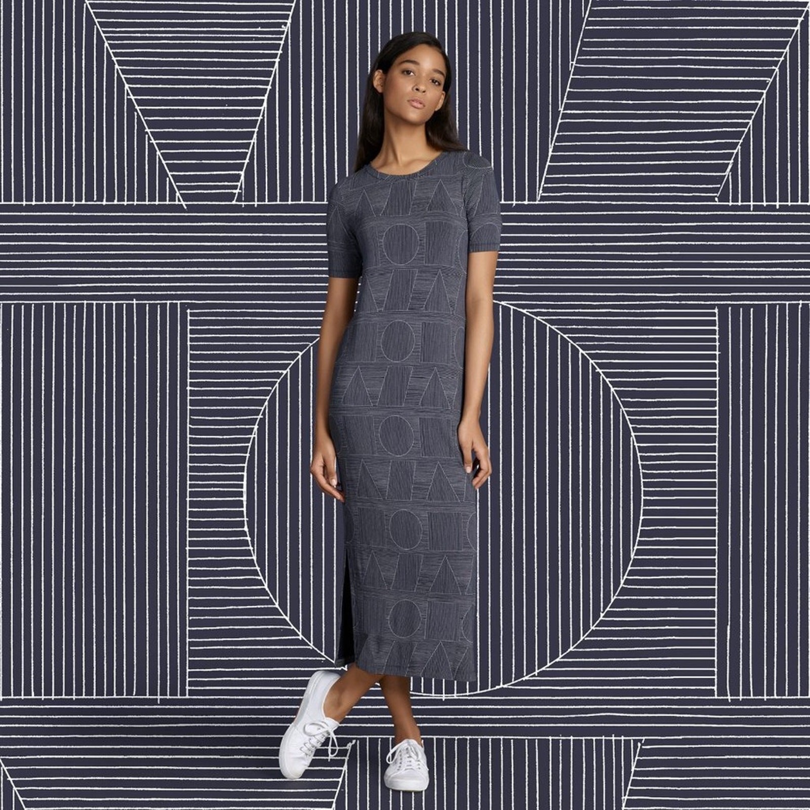 Uniqlo Sol Lewitt SPRZ NY MOMA Jersey Midi Dress Size S Black White Art Print