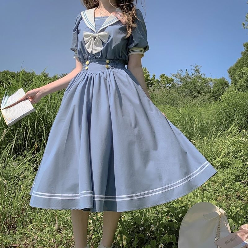 Japanese Lady Girl Lolita Tunic Dress Sailor Collar Bow Preppy Style Summer Chic