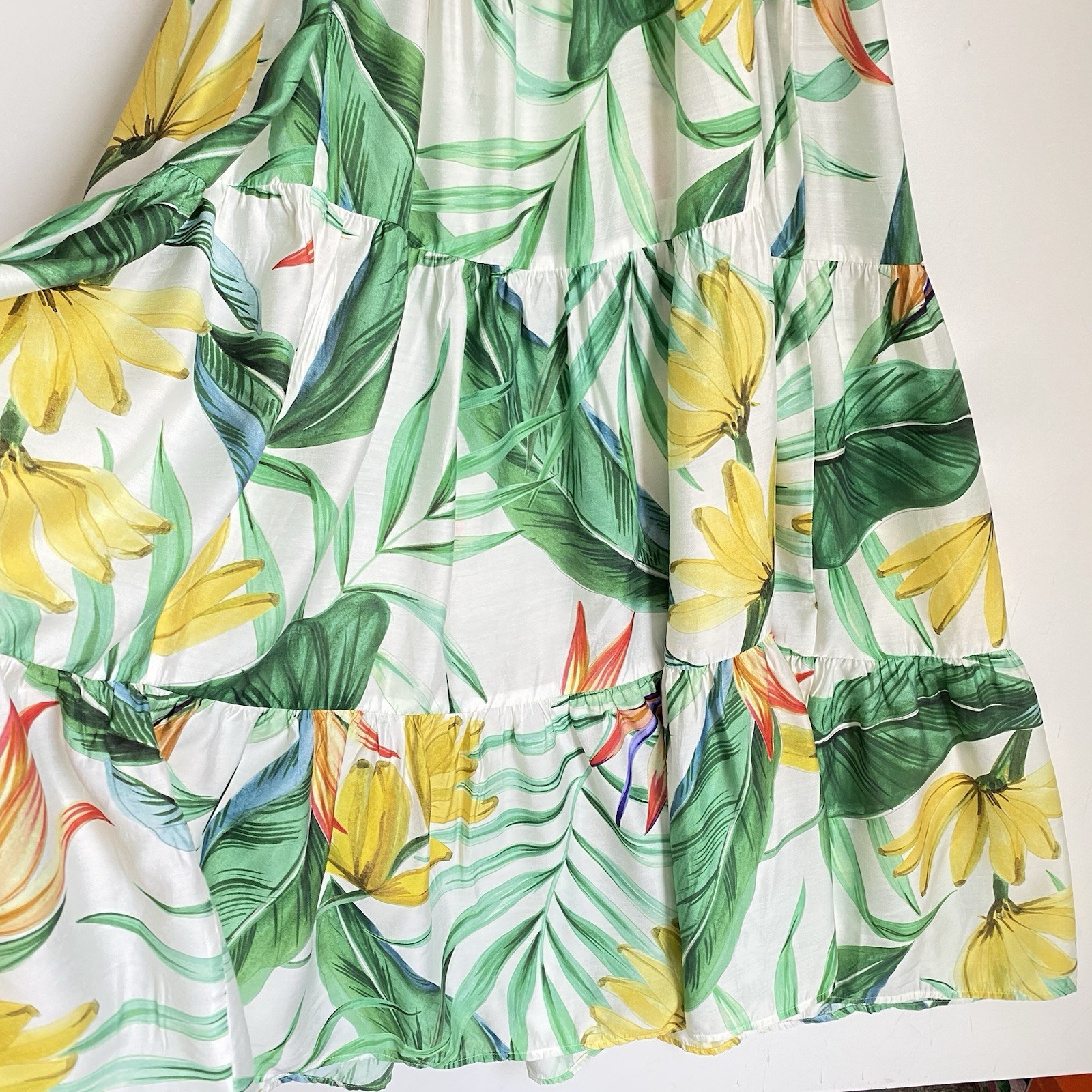 Midi Sundress M Multicolor Tropical Babydoll Spaghetti Straps Tiered Beach
