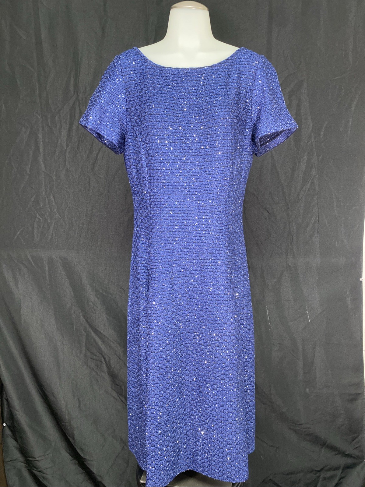 NWT St. John Sequin Textured Boucle Knit Dress Navy Multi Blue Women’s 12