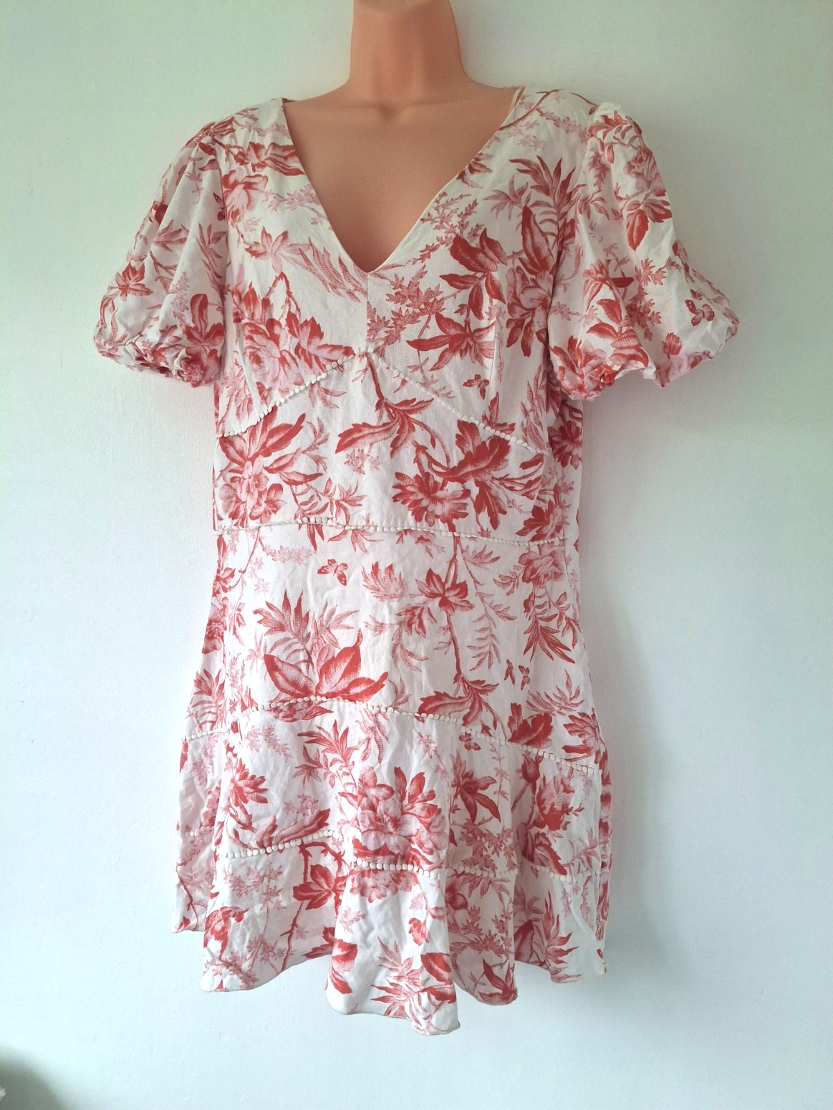 Lipsy Womens Pink Floral Knee length Dress Uk18 Linen Blend V Neck Casual Travel