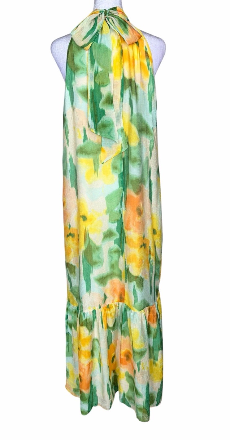 1. STATE Green Yellow Orange White Floral Halter Maxi Dress Ruffle Hem Size L