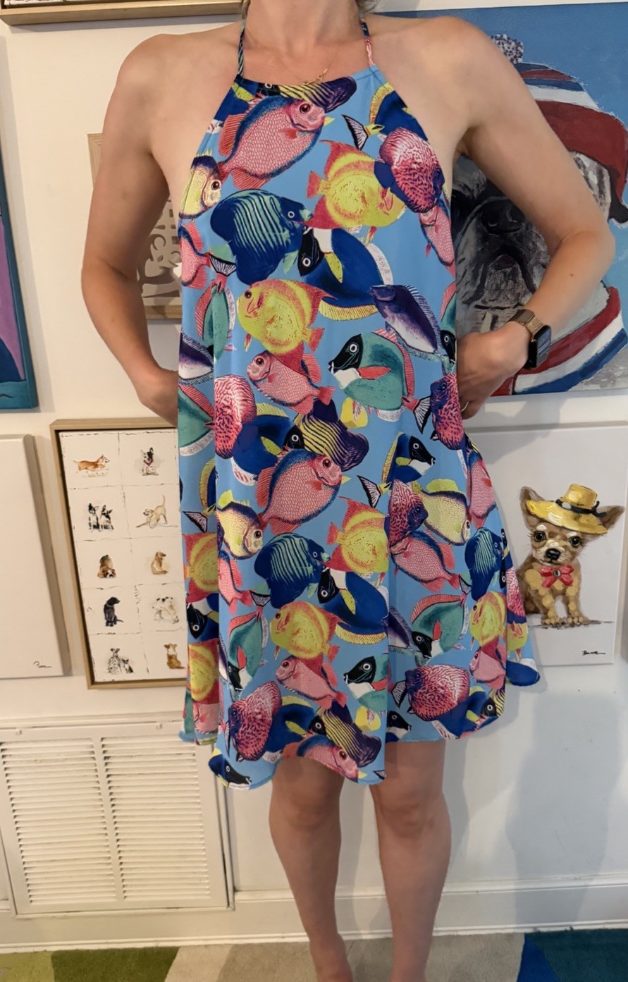 Show Me Your Mumu Sz Small Tropical Fish Halter Dress in Bright Blue Multi Mini
