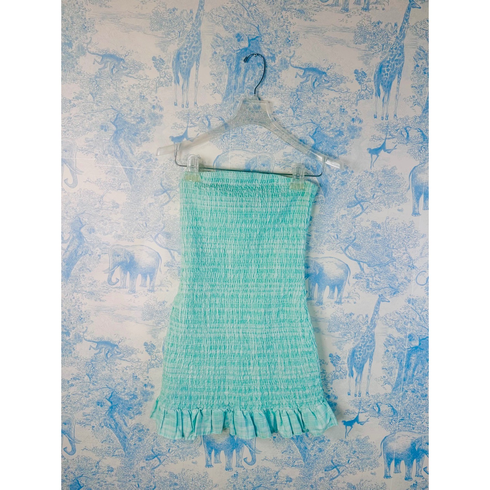 Wild Fable Mint Green Gingham Smocked Tube Mini Dress Strapless Ruffle Hem Small