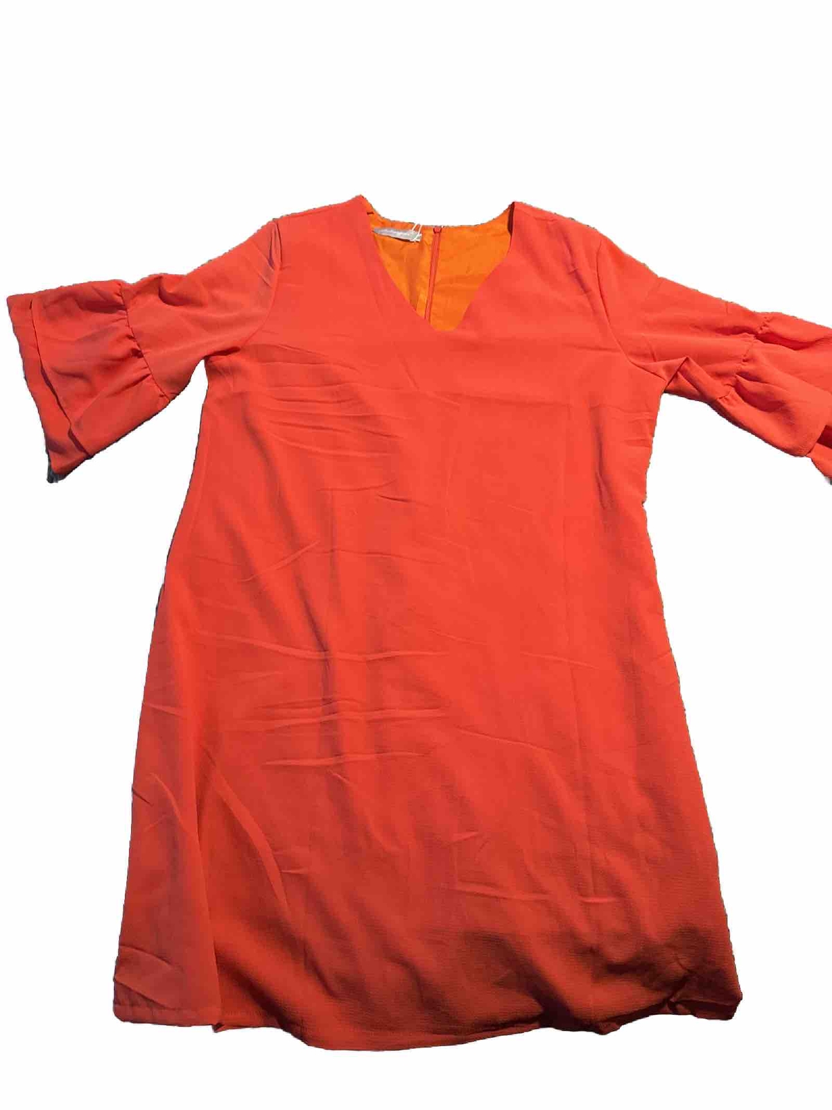 V-Neck Orange Bell Sleeve Shift Dress Mini Dress Sz XL By Belongsci