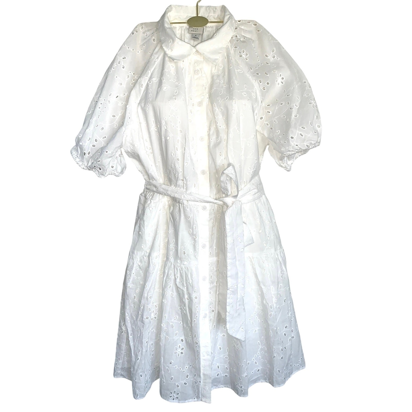 Eyelet Balloon Short Sleeve Mini Shirt Dress Sz Small NWT White A New Day
