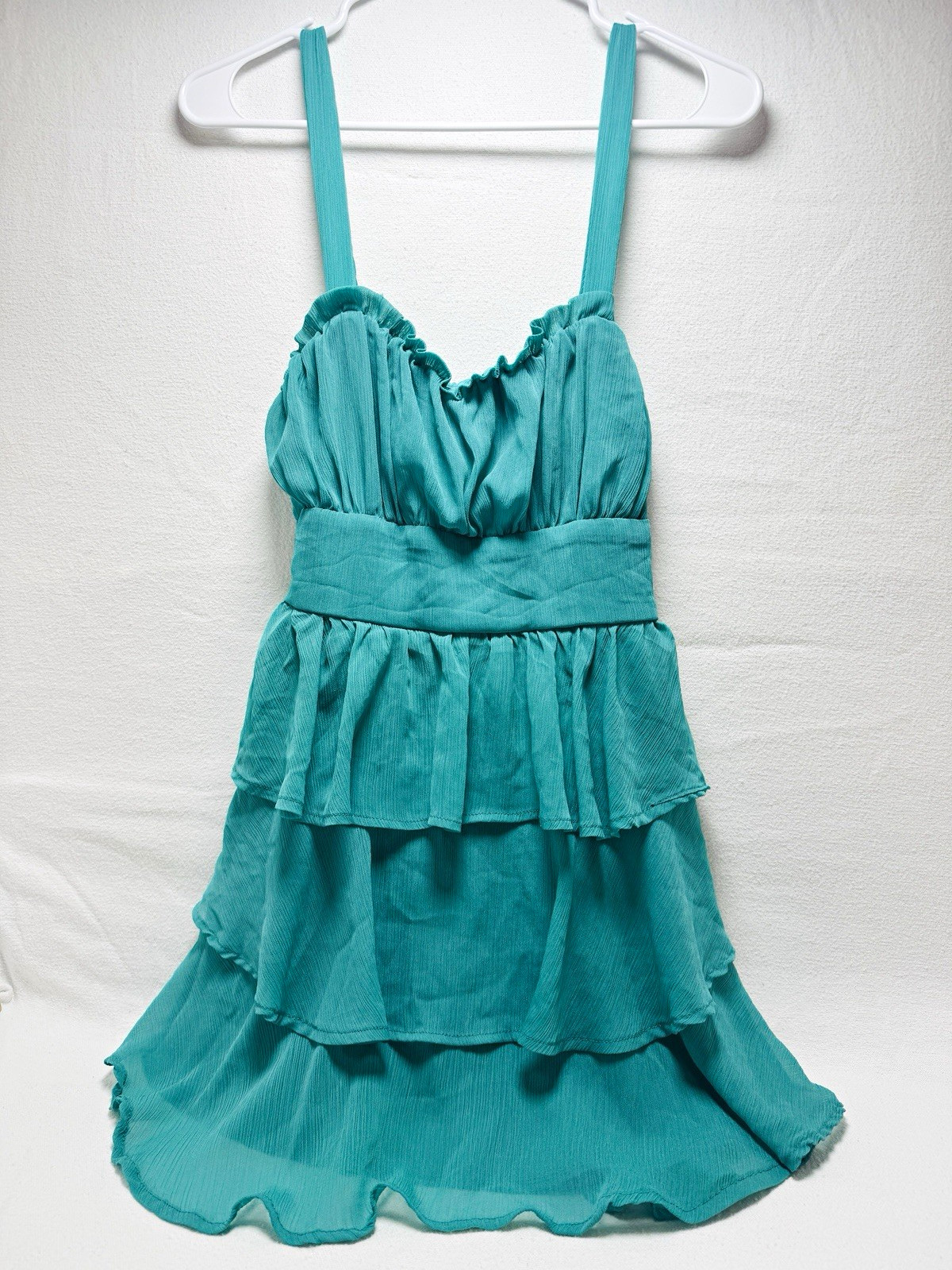 Trixxi Teal Solid Sweetheart Strappy Ruffle Layered Mini Dress Size M