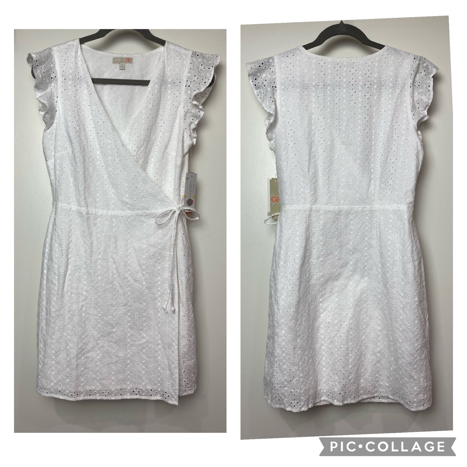 GB White Wrap Dress Women’s Juniors Sz Medium V-Neck Eyelet Ruffle New Side Tie