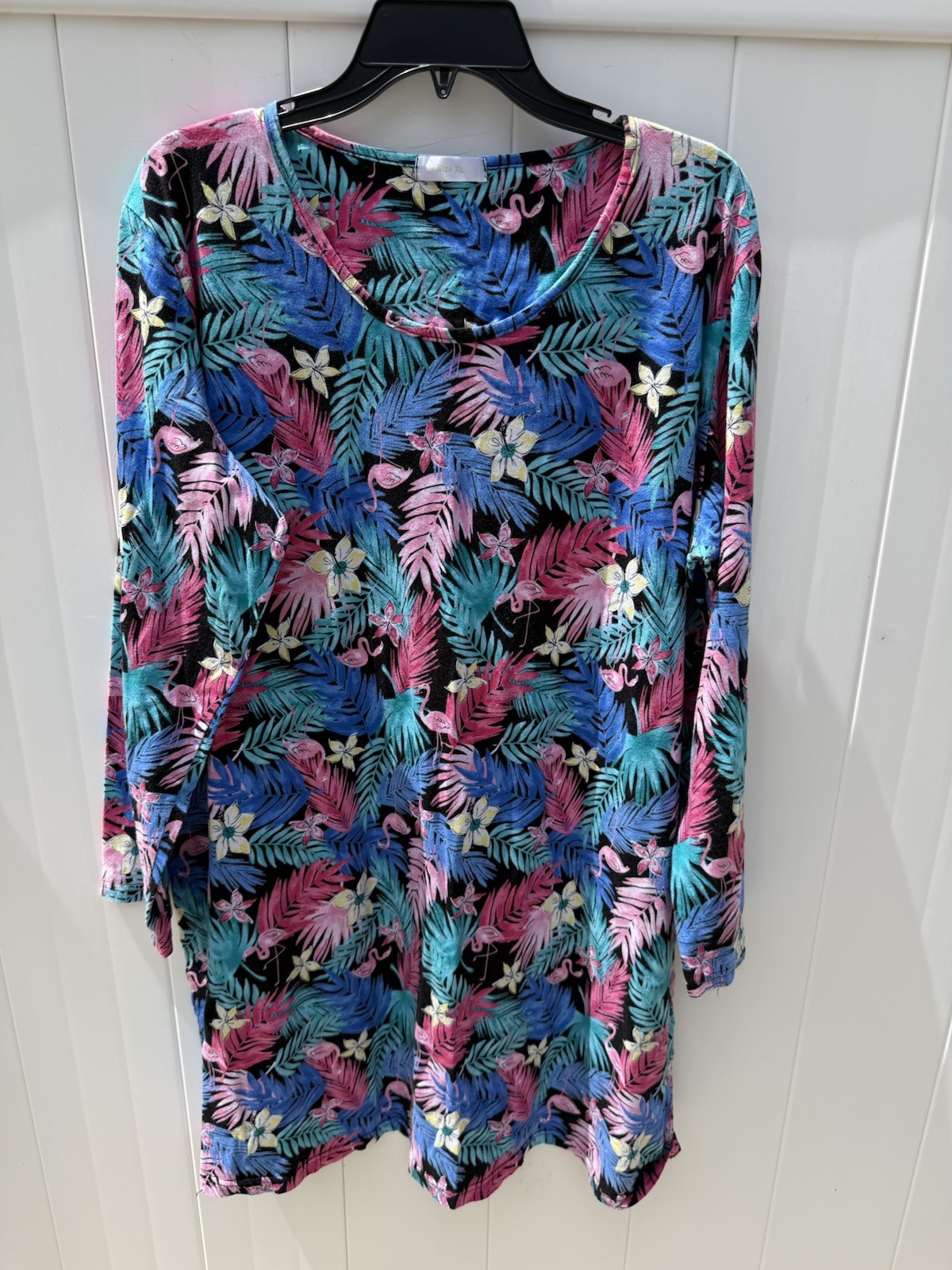 Unknown X-Large Long Sleeve T Dress In Pink Flamingos And Tropical Flowers