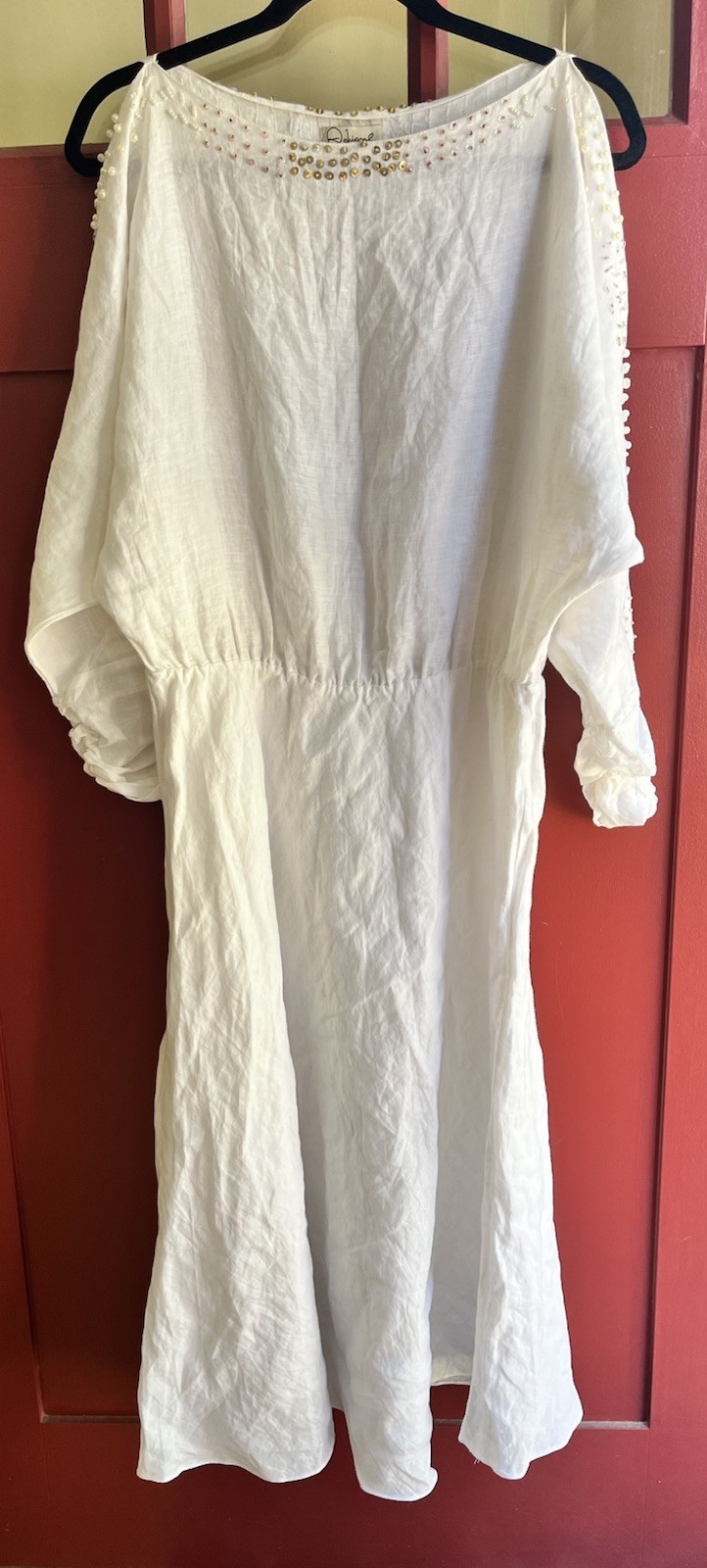 Adriana Contreras Columbia Pearl Bead Boat Neck Flare Dress Size XL White Linen