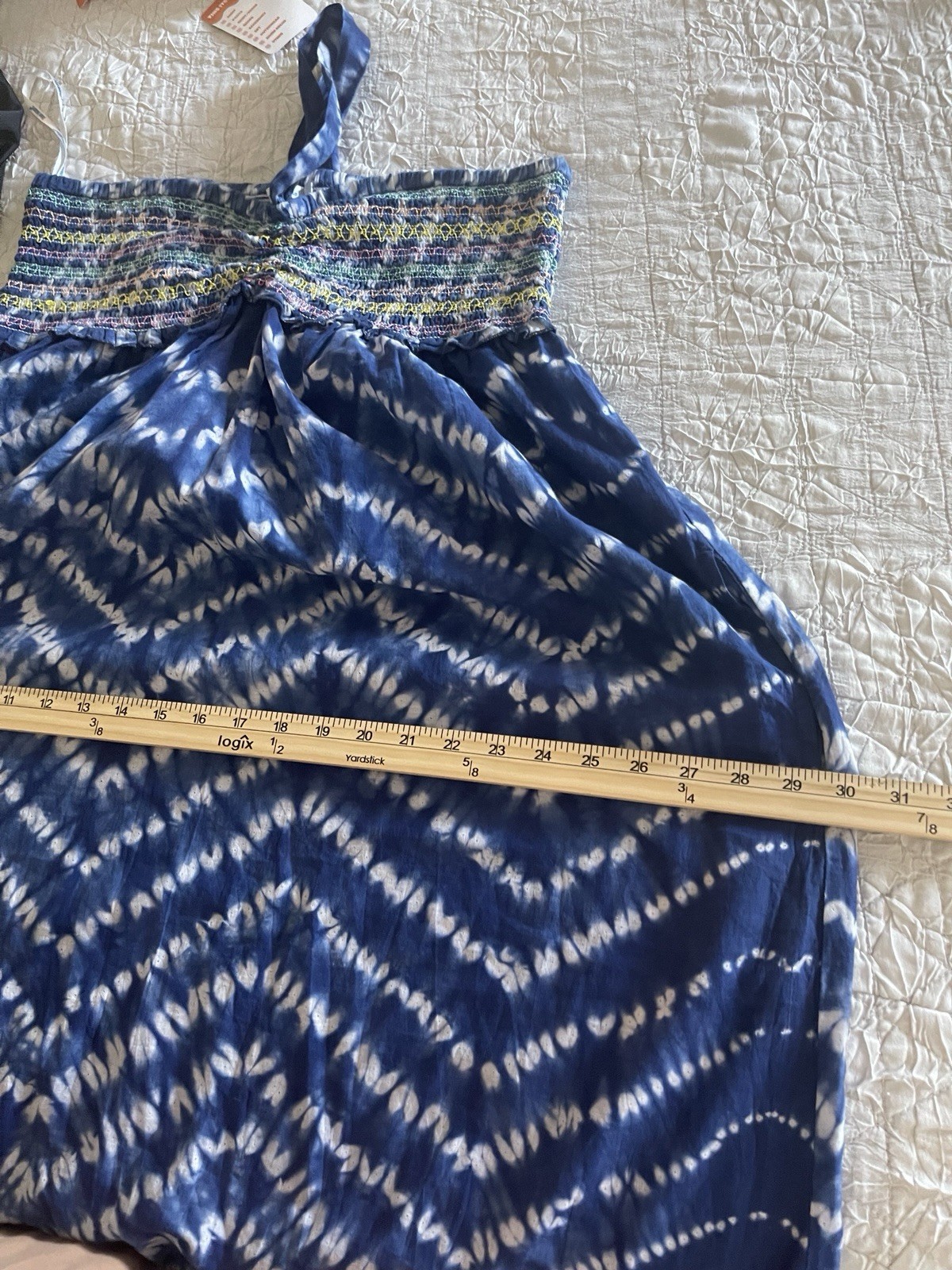 Blue Island One Size Blue/White Tie Dye Midi Sundress Smocked Beaded Fringe